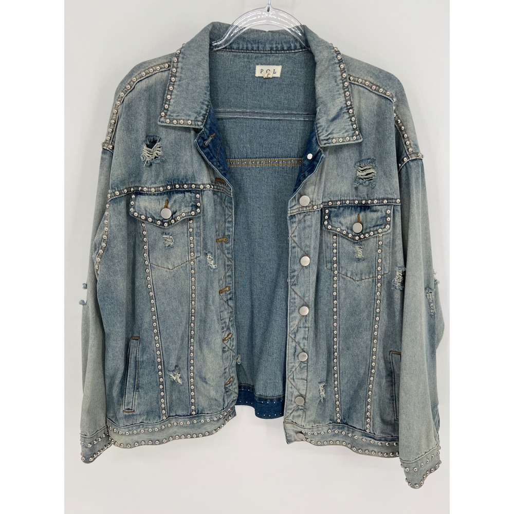 POL Denim Jean Jacket Womens S Blue Studded‎ Distressed Oversized